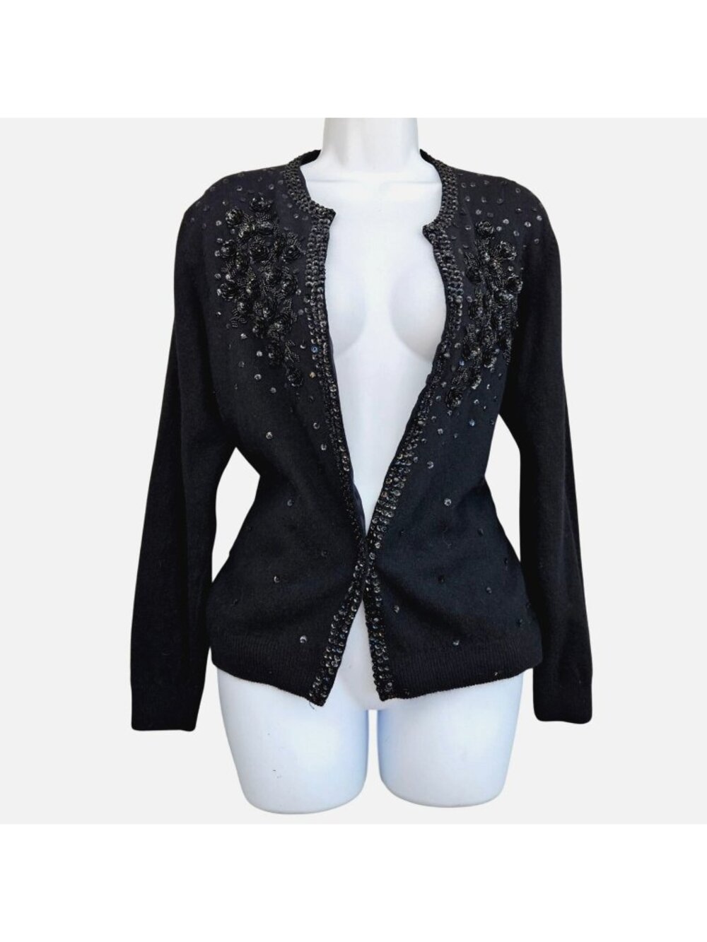 Vintage Black Lambswool Angora Beaded Sequined Cardigan Hong Kong Women's M 60s